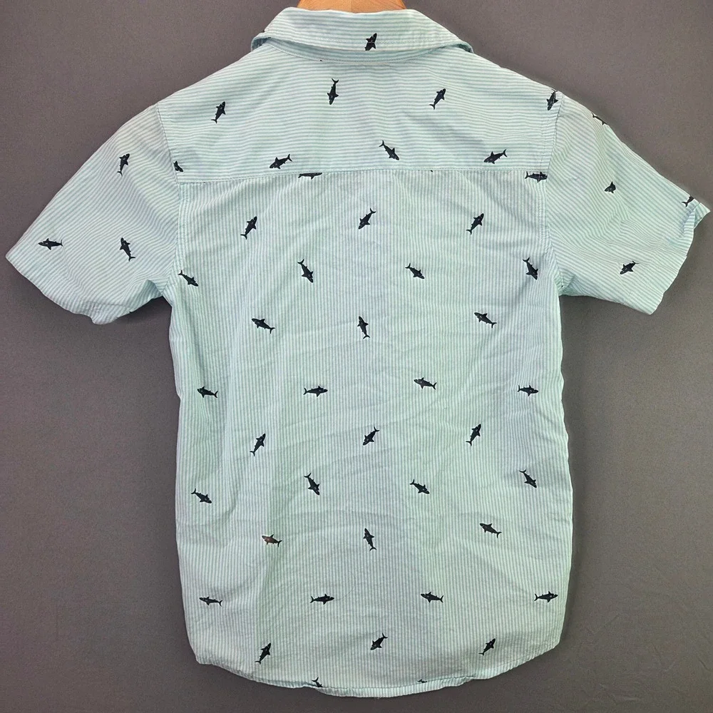 Wonder Nation Boys Button Up Shirt Size L 10-12 Blue Stripe Shark Short Sleeve